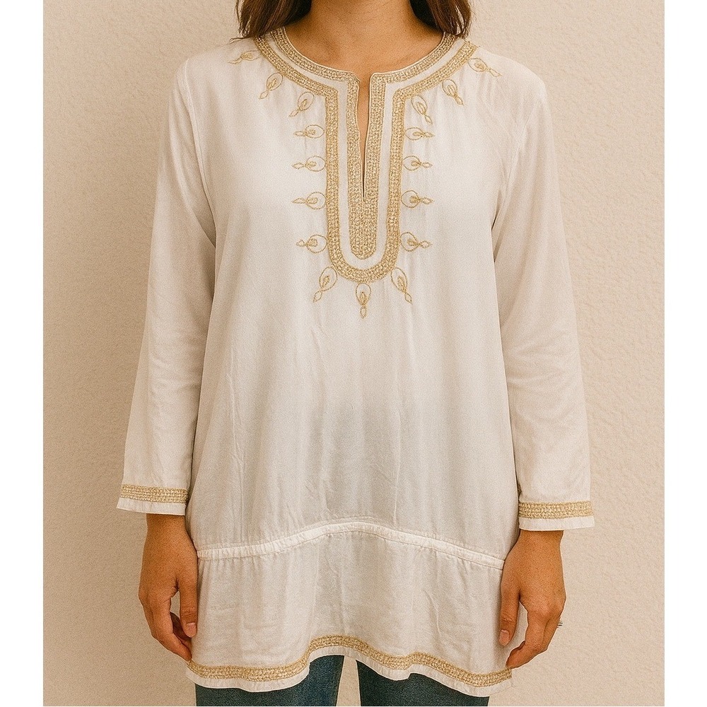 Chico's White Gold Embroidered Tunic Top Sz 0 Small 4‎ Rayon Lightweight